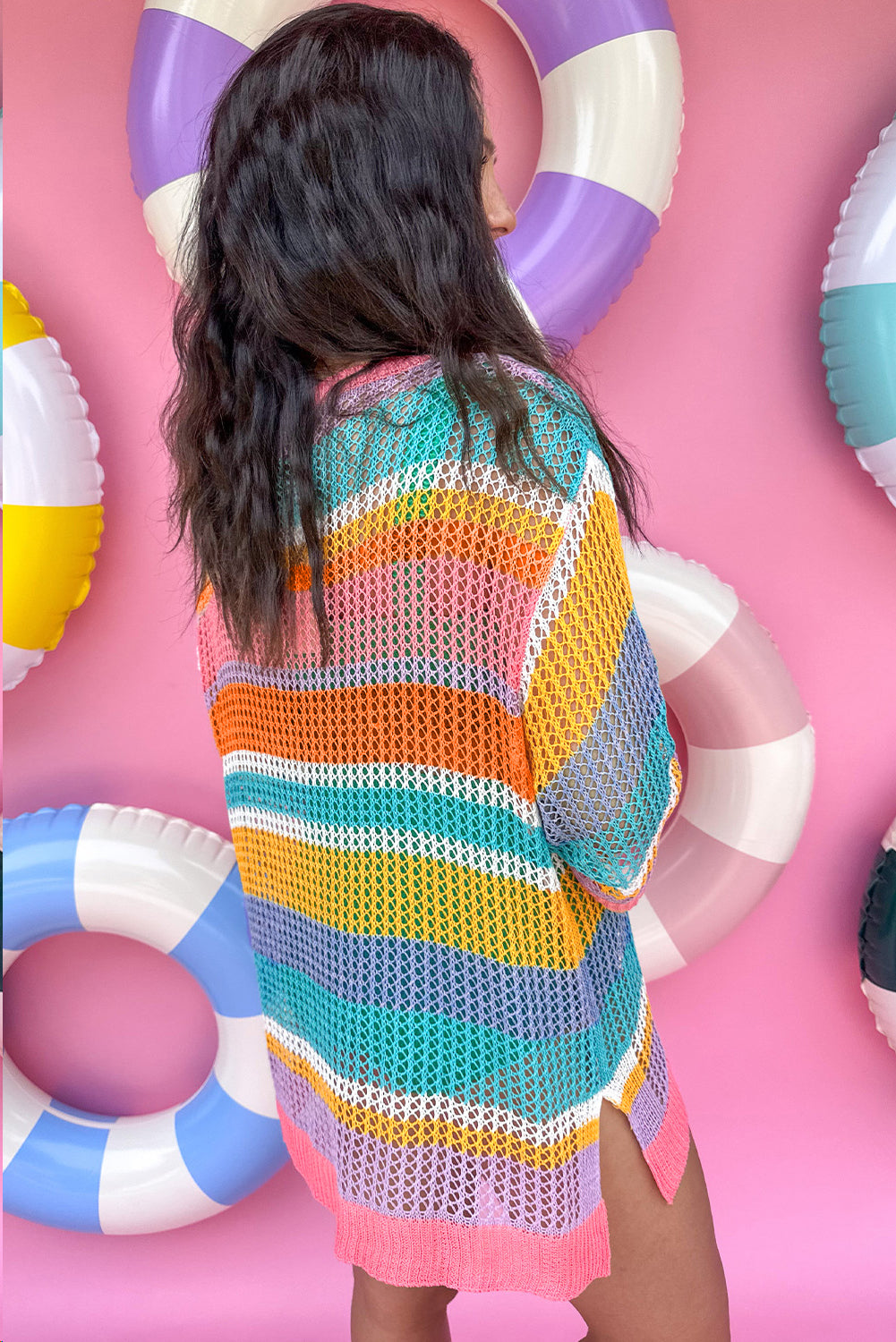 Plus Size Pink Stripe Open Knit Patch Pocket Sweater Dear-Lover Dropshipping